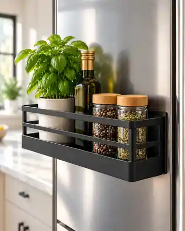 MagnaNest matte-black magnetic refrigerator shelf styled in a modern kitchen